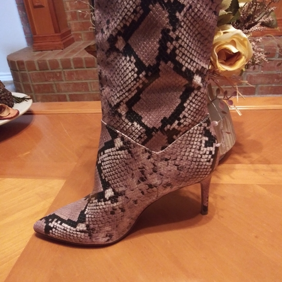 Tall cream, black and mauve boot with snake print. - Picture 4 of 7
